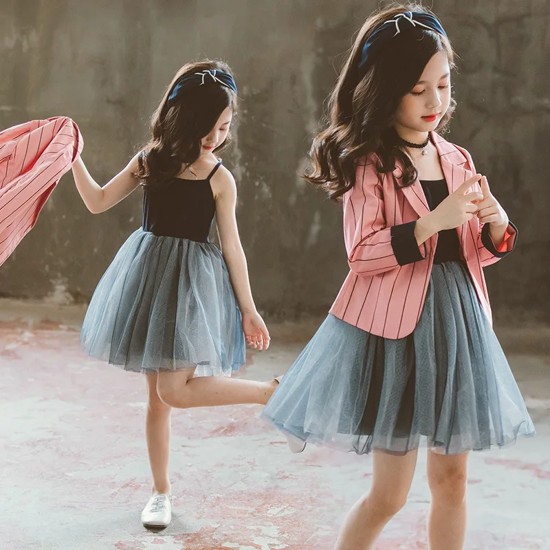 2019 New Arrival Girls Fashion Suit Jacket Dress 2 Pieces Elegant Lady Style Striped Coat Princess For 3-12 Year Old |