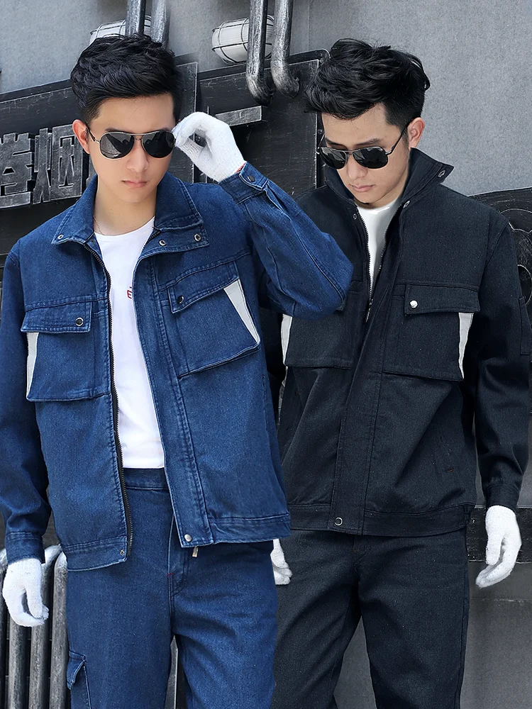 

Новая мужская со стоячим воротником джинсовый куртка джинсы брюки 2 шт. комплект рабочая одежда мастерская Униформа электрическая сварка т...