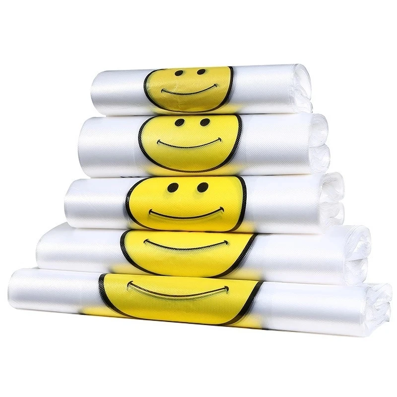 

100pcs Shopping Plastic Bags 24*38cm Reusable Carry Out Bags Smile Gift Bag Retail Supermarket Grocery Food Packaging Cute Tote