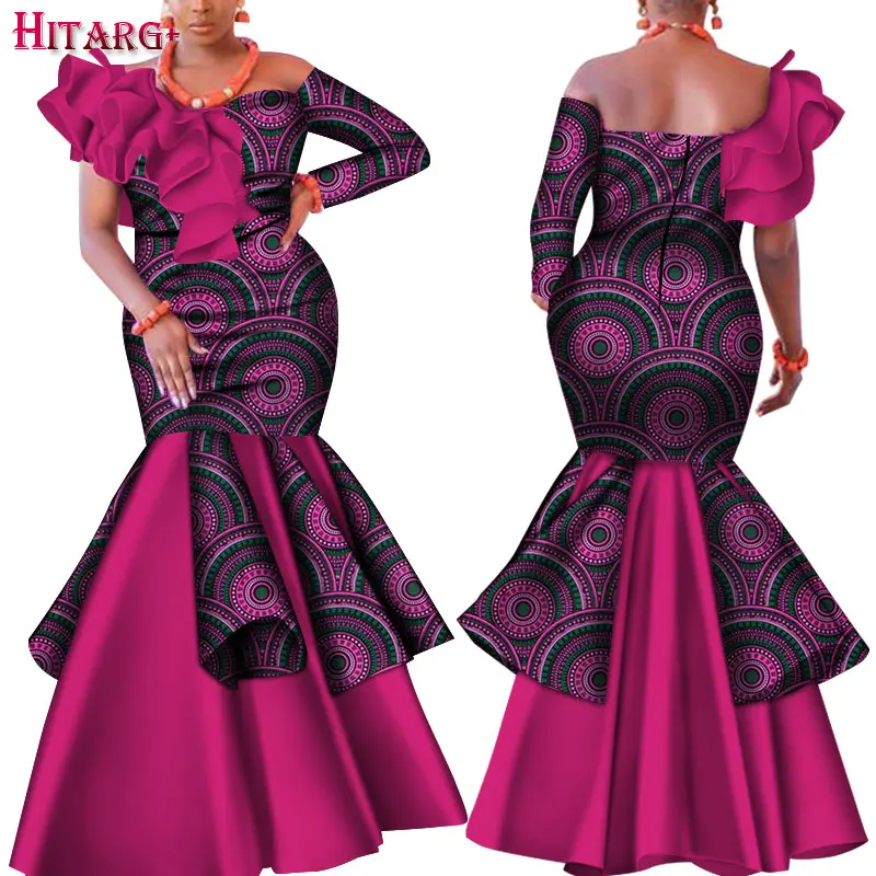 Dashiki African Dress for Women Bazin Riche One-Shoulder Sexy Slash Neck Wedding Party Dress Traditional African Clothing WY4224