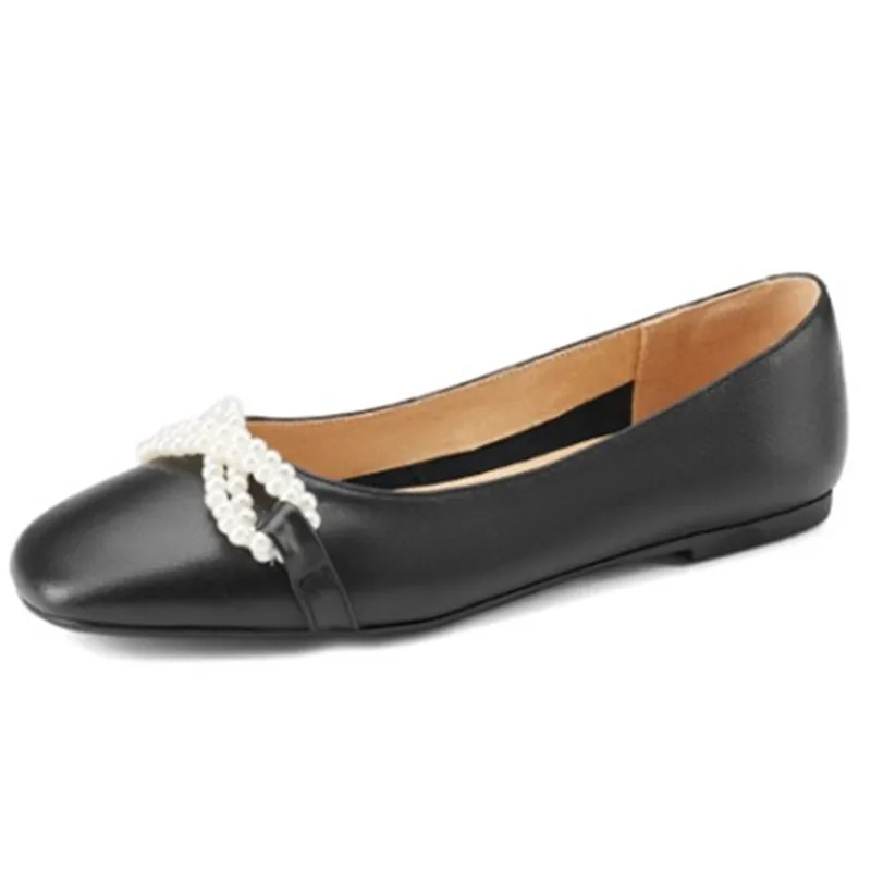 

Fanyuan spring Autumn Pearl Chain Flat Shoes Woman Comfortable SquareToe Loafers Female Elegant Black Suede Soft Single Shoes