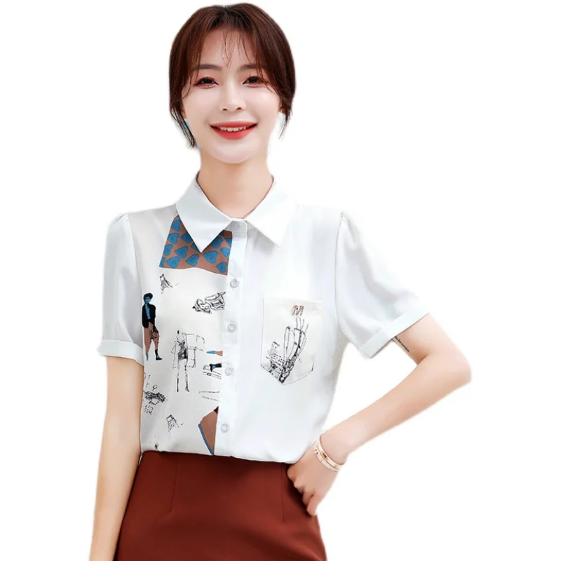 

Chiffon Slim Women's Blouses New Casual Fashion Polo Shirts Printing Buttons Short Sleeve Pocket Tops Summer Houthion