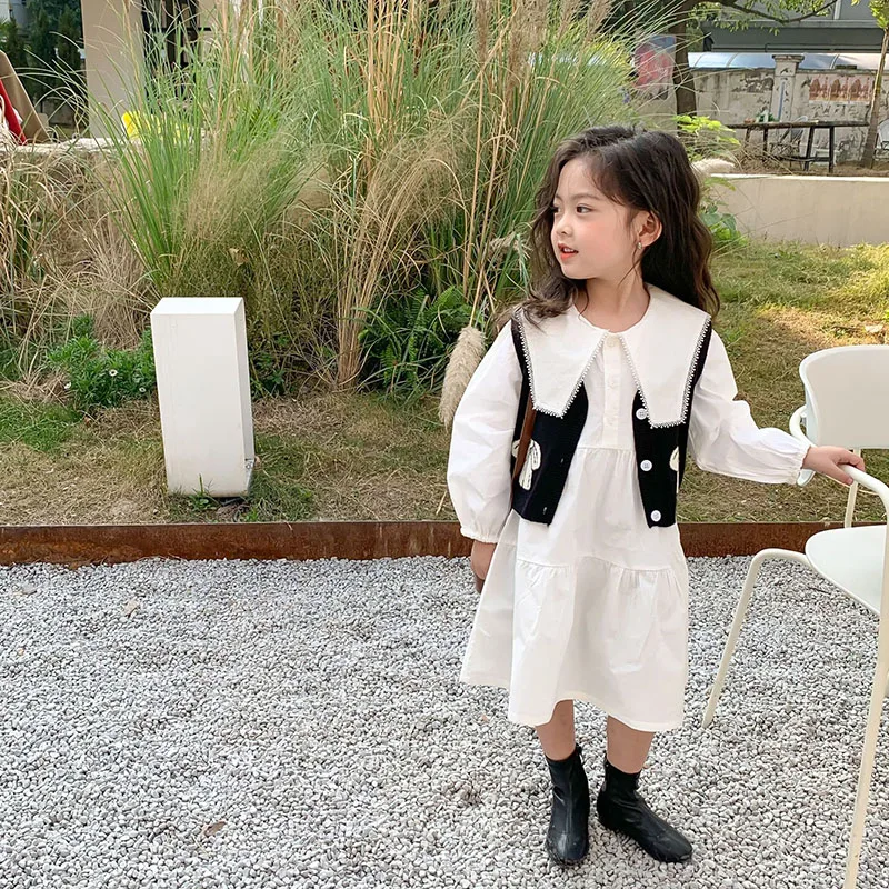 

HAYANA 2022 Spring New Kids Clothes Solid Girls Dress Long Sleeve Girl One Piece Knitted Vest Korean Girls Outfits