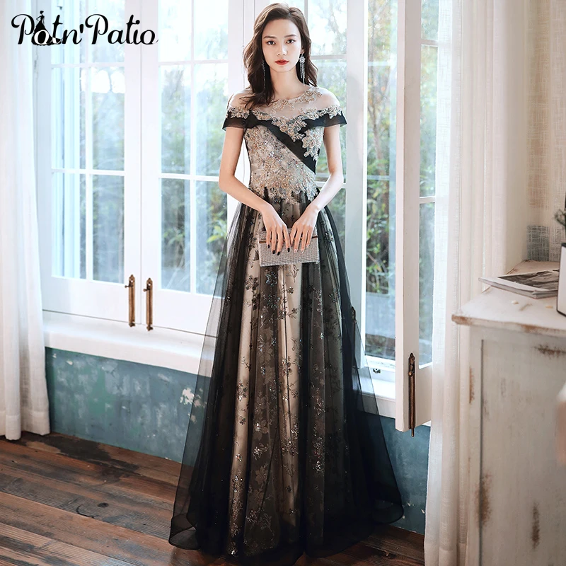 

Роскошное Черное вечернее платье 2021, элегантное платье-трапеция до пола с круглым вырезом и открытыми плечами, длинные платья для выпускног...