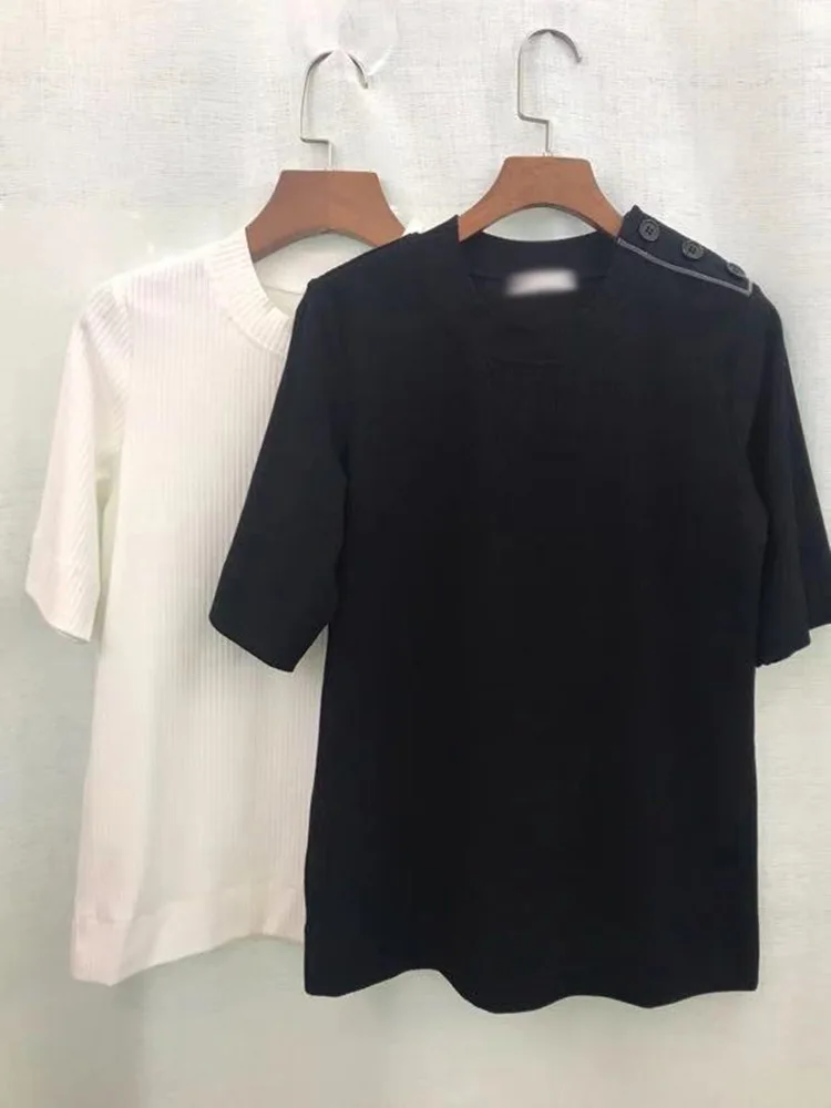 

Cotton Spring 100% Summer 2021 New Women T-shirt Hole Striped Stretch Cotton Sleeve Slim Beaded Slanted Button Top Women