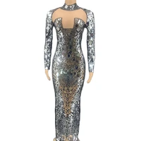 sparkling embellished rhinestones shining mirror transparent gauze women dress longsleeves floor length dress nightclub costume