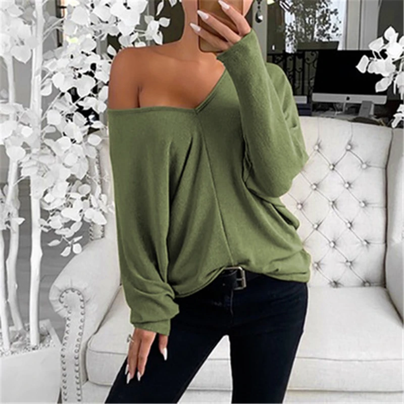 

Spring Autumn Women V-Neck Tshirt Long Sleeve Thin Casual Loose Plus Size T-Shirt Bat Sleeve Solid Color Fashion Street Tee Tops
