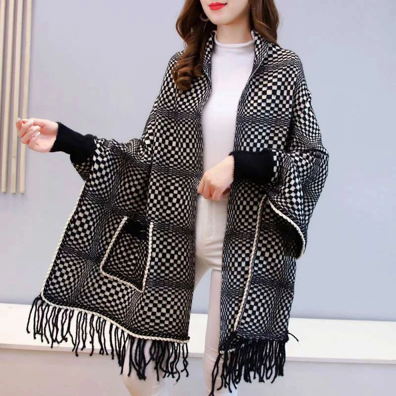 ZJZLL 2021 New Popular Winter Warm Women mink velvet Plaid Shawls With Sleeves Knitted Pocket Sweater Tassel Loose Ponchos Capes