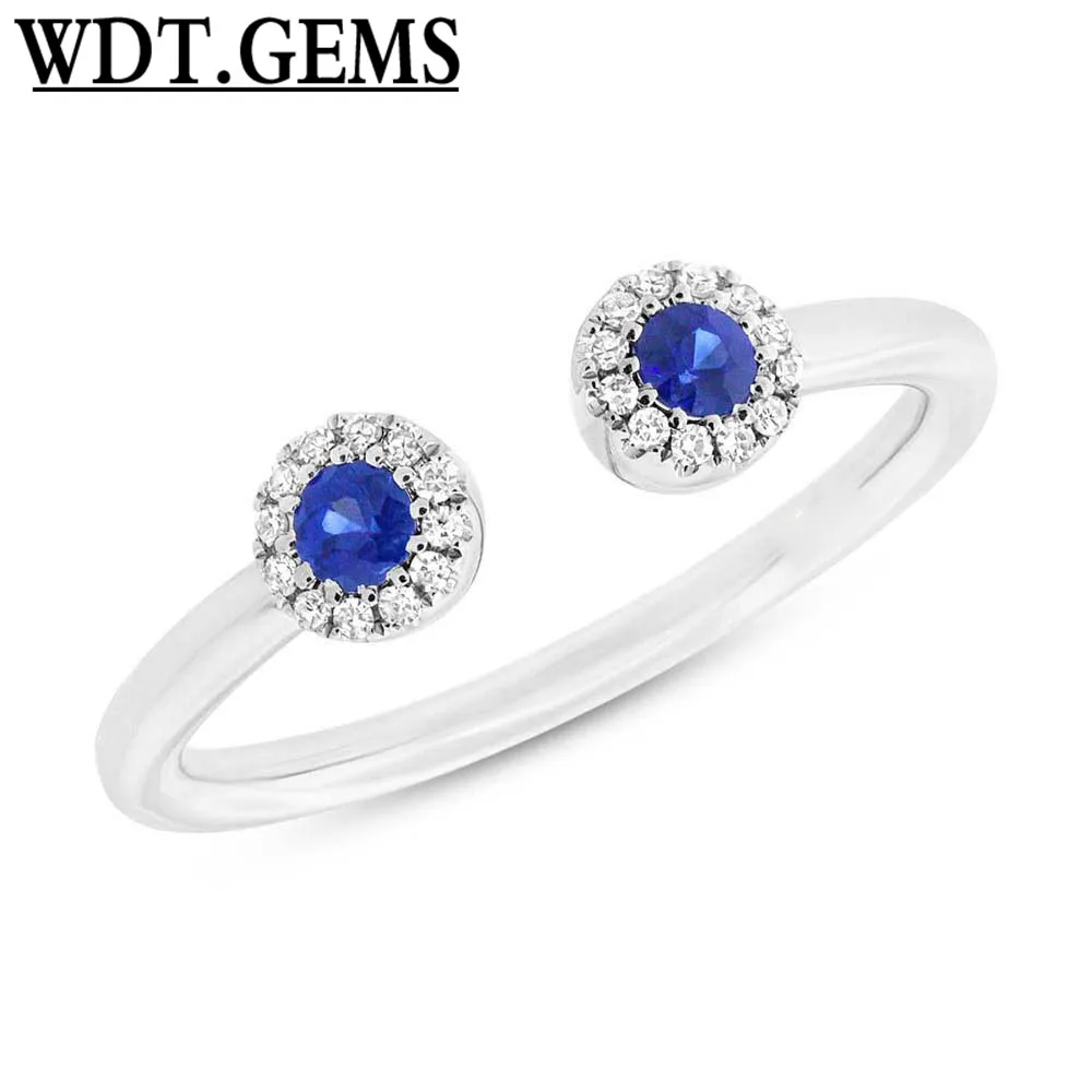 

10K White Gold Blue Sapphire Diamond 2 Stone Open Wrap Statement Cocktail Ring