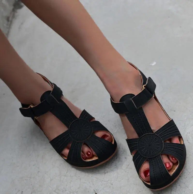 

women summer mid med heels sandals wedges casual shoes woman round toe cut out PU leather sandalias HP1828