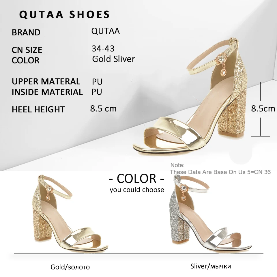 Женские босоножки с блестками QUTAA черные из искусственной кожи на высоком