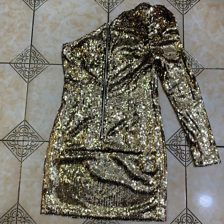 

High Quality Women's 2020 Fall Sexy One Shoulder Hollow Backless Sequin Dress Gold Bodycon Celebrity Club Party Dress Vestidos