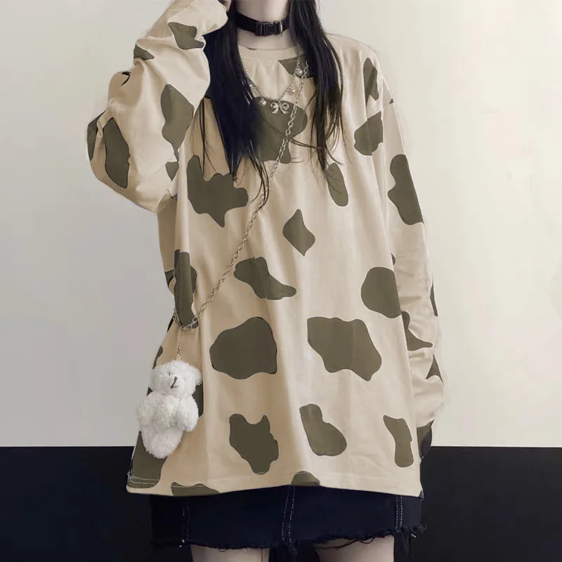 

Cow Print Women's Blouse Long-sleeved Women's T-shirt Fashion Oversized Loose Casual Autumn and Spring Cotton Women's T-shirt