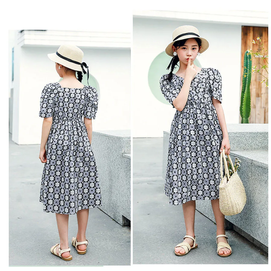

2021 Bohemian V Neck Puff Sleeve Cotton Mid Calf Dress Girls 4 To 13 Years Fashion Slim Waist Print Flower A Line Dresses Child