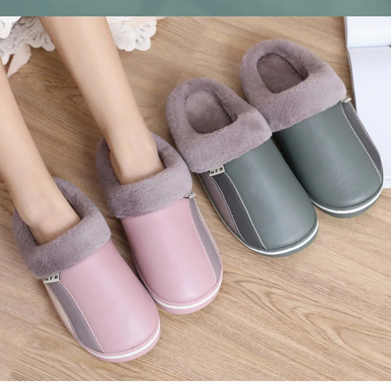 

PU Leather Slippers Women Men Winter Warm Plush Flat Home Shoes Woman Soft Comfort Female Slides Male Non-slip Bedroom Slippers