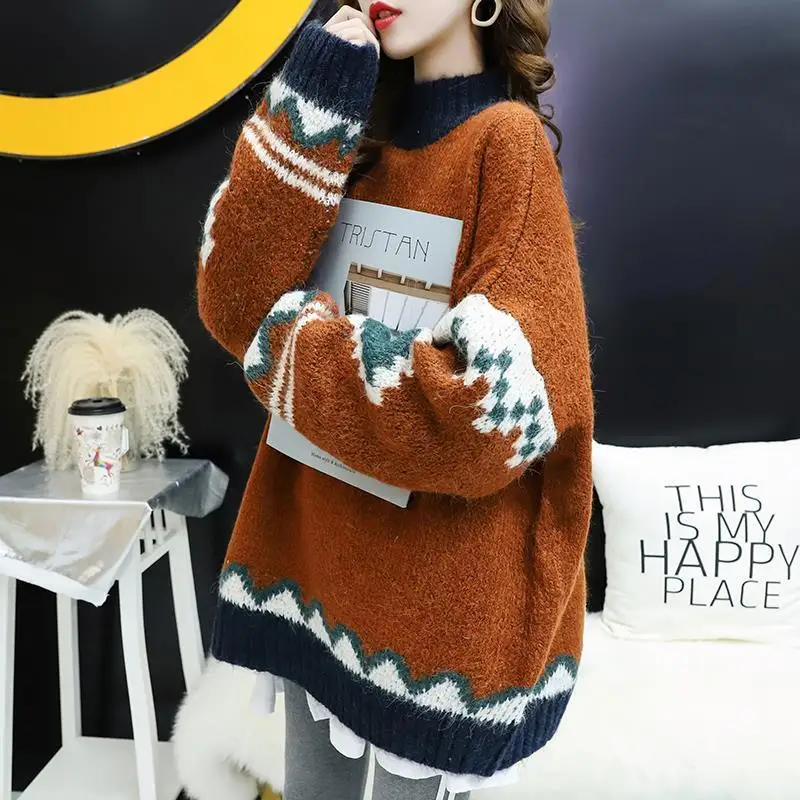 

Половина Водолазка женская Свободная 2021 осенне-зимняя одежда новая Корейская версия ленивого гонконгского аромата ретро свитер