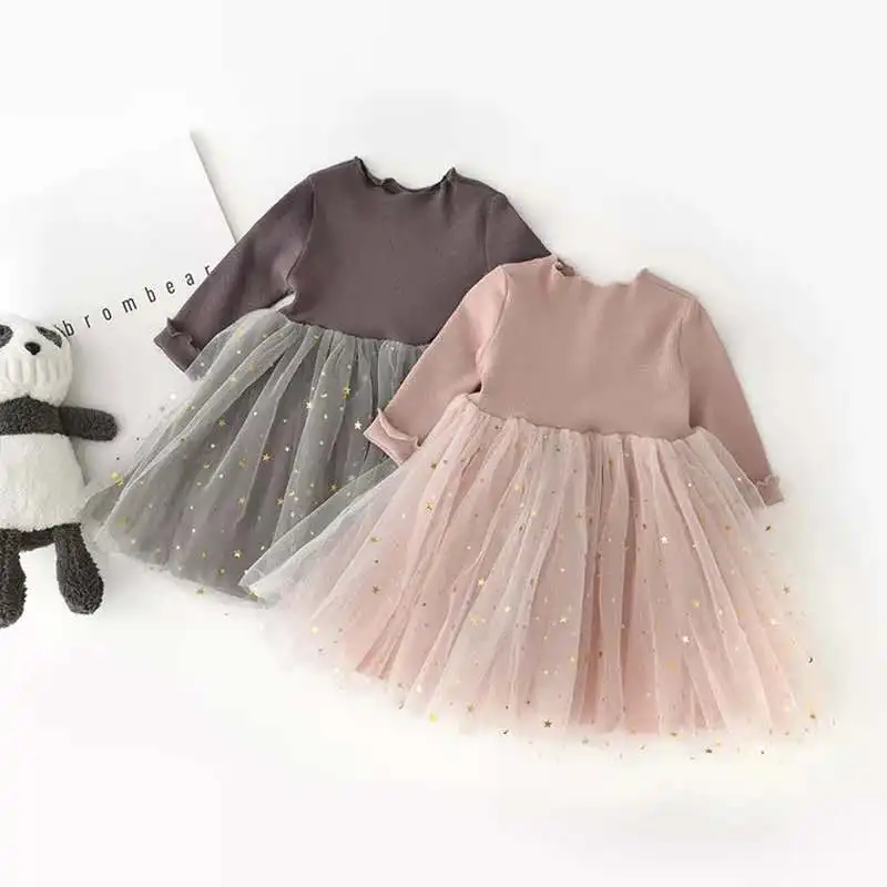 

Toddler Baby Girls 9M-4T Dress Princess T Shirt Mesh Long Sleeve Dress Sequined Stars Tulle Dress For Kids