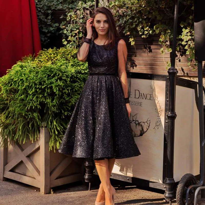 

Черные тюлевые платья для выпускного вечера с длинными рукавами, платье для домашнего выпускного вечера длиной ниже колена, складки, строчка, индивидуальный пошив