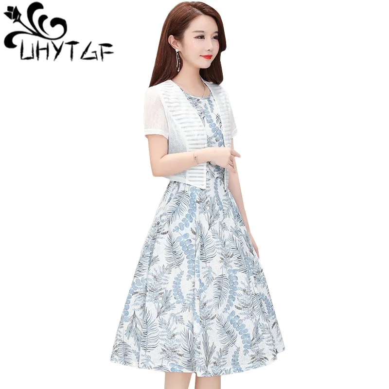 

UHYTGF летнее платье из двух частей, женское модное кружевное короткое пальто с платьем без рукавов, элегантный комплект, 4XL размера плюс trend813