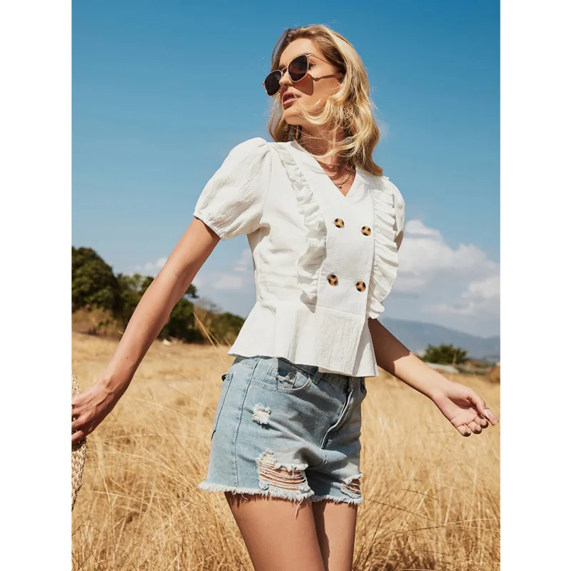 

White Front Buttons Ruffle Women Blouse Summer Ladies V Neck Short Sleeve Ruffle Hem Slim Fit Casual Tops And Blouse New Top