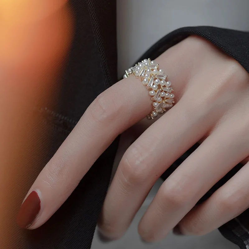 

High Quality Pearl Zircon Gold Open Rings For Woman 2021 New Fashion Korean Jewelry Luxury Party Adjustable Unusual Girl's Ring