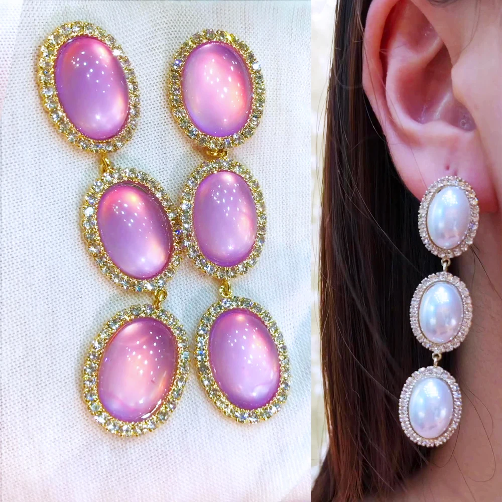 

missvikki 2021 Original Luxury Pink Opal Dangle Earrings For Women Wedding Cubic Zirconia Dubai Bridal Earrings Costume Jewelry