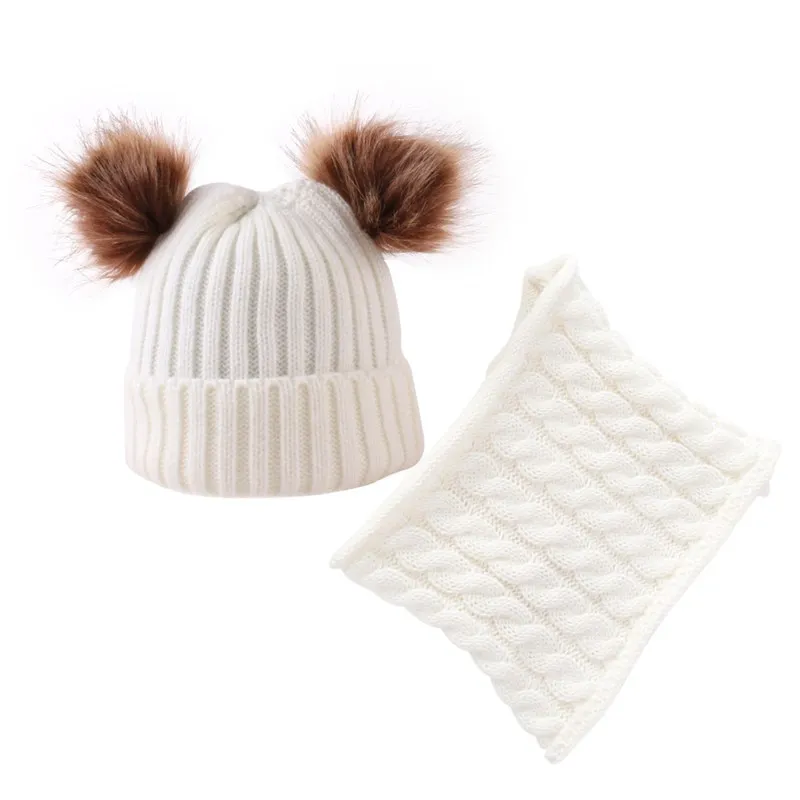 

Winter Baby Boy Girl Hat Scarf Ring 2 Piece Set Kids Skullies Beanies Fur Balls Warm Knitted Children Hats & Caps шапка и снуд