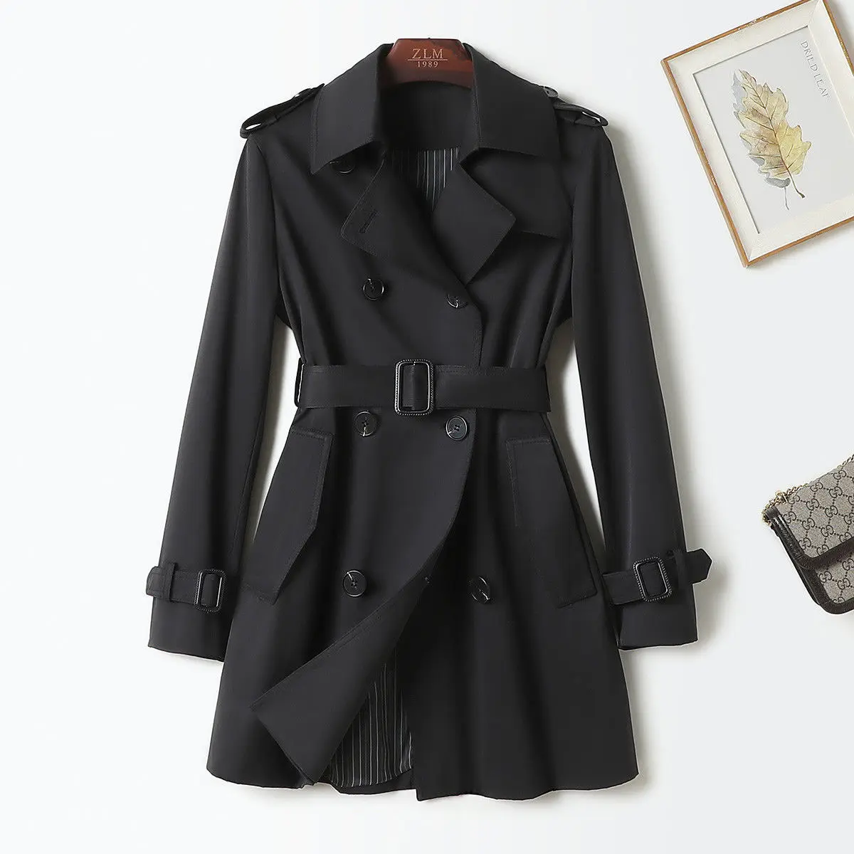 

2021 spring and autumn new product fashion temperament simple waist women's long sleeve medium length windbreaker coat