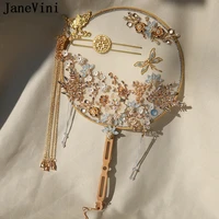 janevini chinese style light blue bridal wedding bouquet round red crystal beaded bride fan ancient pearl wedding fan flowers