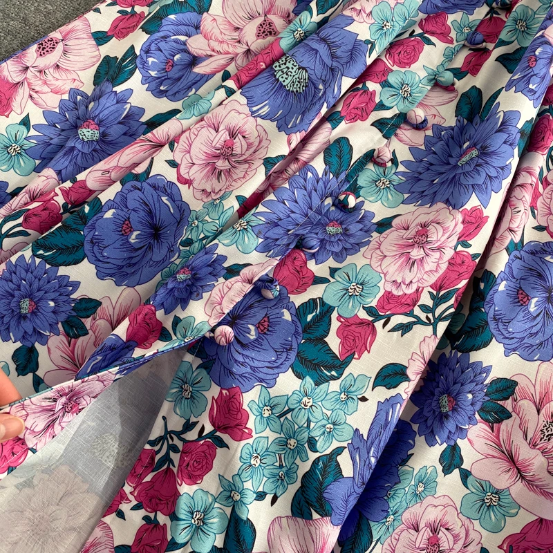 

Floral print boho maxi dress women elegant runway dress sexy ladies spring summer v neck long sleeve buttons split holiday dress