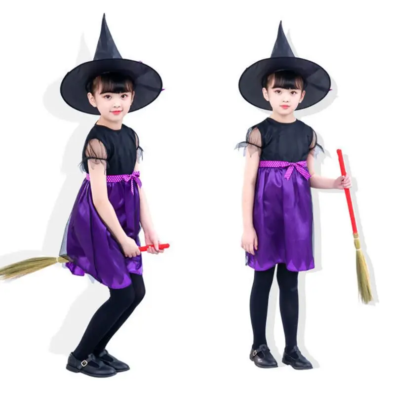 

Детский костюм ведьмы на Хэллоуин, маскарадное платье с бантом, шляпа, искусственный цветок, маскарадные вечерние костюмы, детская одежда