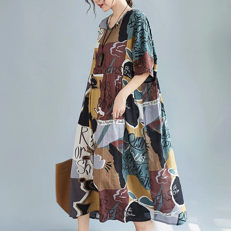 

2021 Summer Vintage Plus Size Print Cotton Linen Maxi Sundress Korea Women Loose Beach Midi Dress Classy Bodycon Party Vestidos