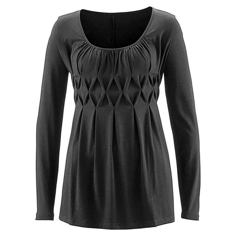 

Solid Color Comfortable Casual Round Neck Long Sleeve Women T-shirt Bottoming Top Chest Pleated Pullover T-shirt Long Sleeves