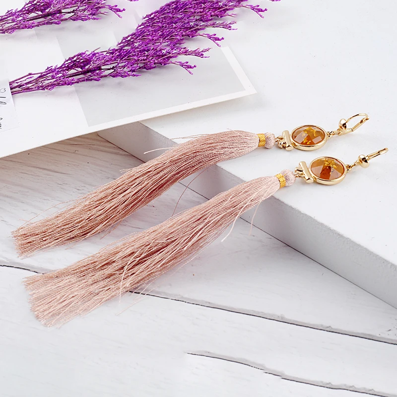 Круглые серьги ручной работы из смолы с драгоценными камнями длинные кисточками