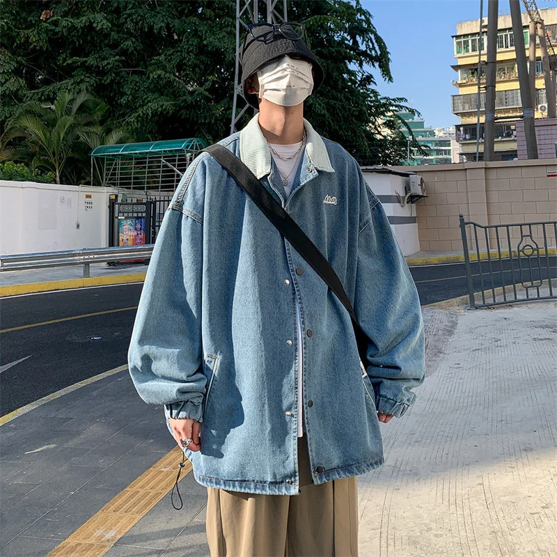 

Denim jacket for men Korean loose student trend Hong Kong style casual jacket all-match punk hip hop coat clothes male female