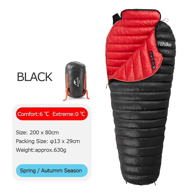 Naturehike NH18S300-D CW300 Легкий 90% белый гусиный пух спальный мешок 750 наполнение питания 3 сезона для кемпинга Пешие прогулки - Цвет: Черный