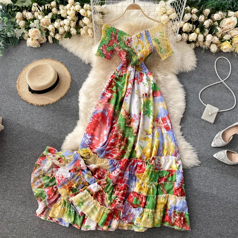 

Bohemian Women Tie Dye Printed Short Sleeve Dress Women Summer Long Dress 2022 V-Neck High Waist Vacation Beach Ruffle Vestidos