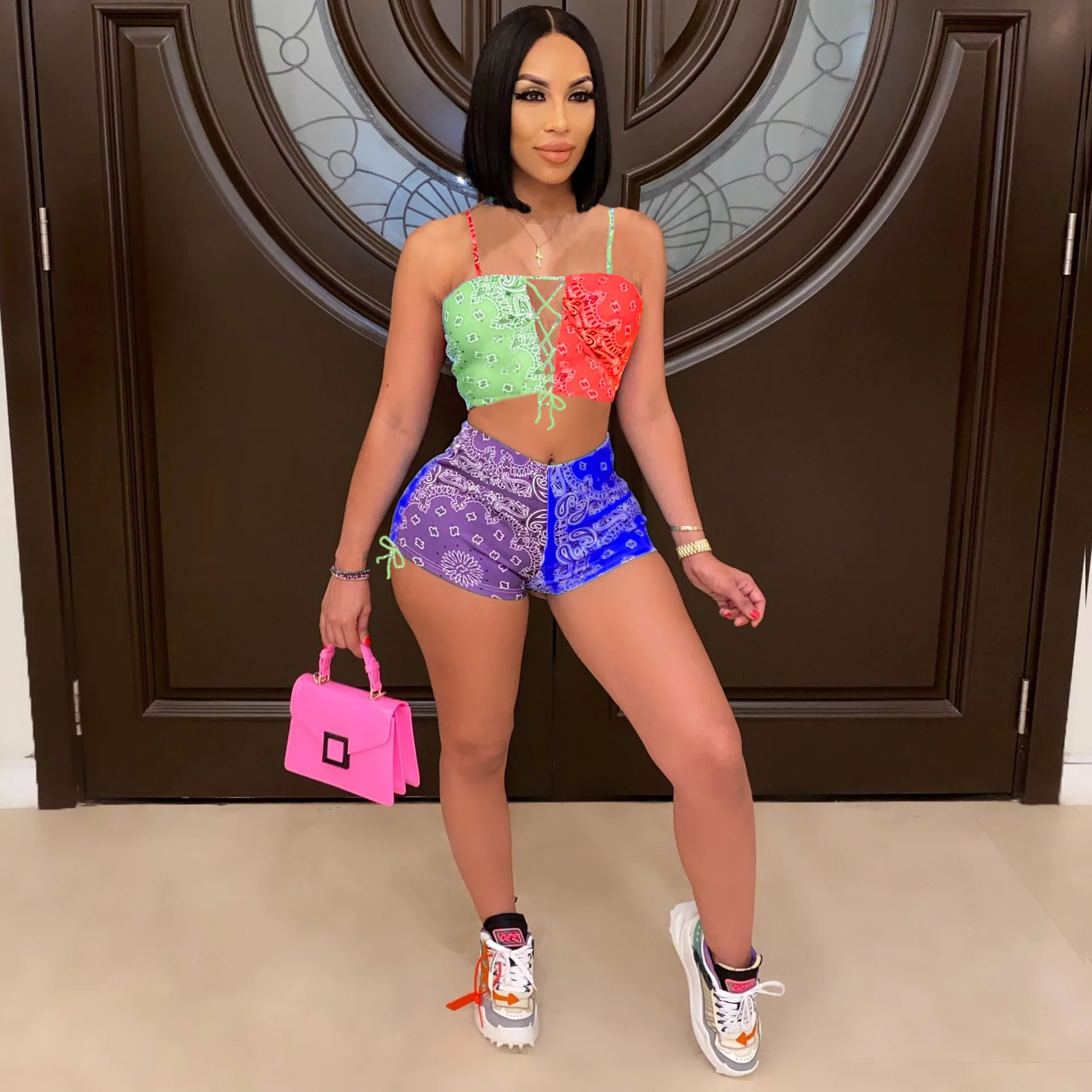 

Bandana Print 2 Pieces Sport Sets Women Sexy Hollow Short Outfit Summer Splicing Crop Top Beach Matching Set Sportwear Tracksuit