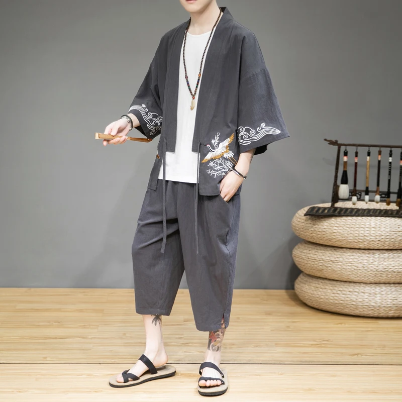 Улучшенный мужской летний льняной костюм Hanfu мужская китайская одежда с вышивкой