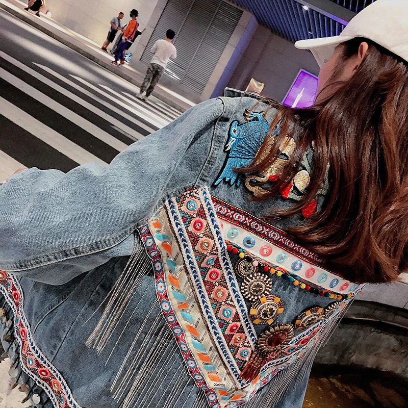 

Luck A Autumn Women Folk Style Splicing Tassel Denim Jacket Female Retro Embroidered Jeans Coat Streetwear Outwears