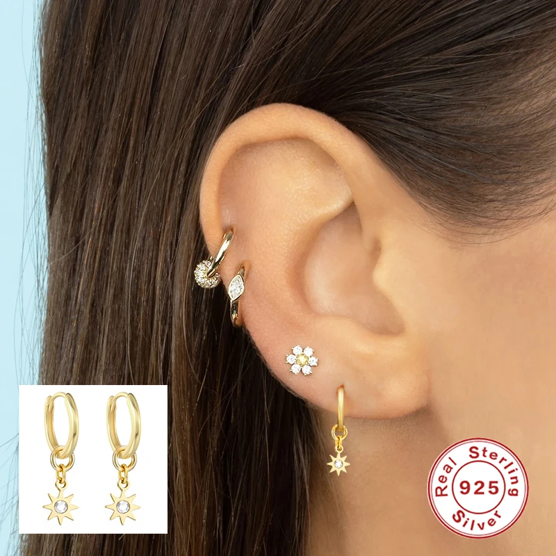 

100% S925 Sterling Silver Butterflies/Petals/Star Crystal Zircon Piercing Cartilage Stud Earrings for Women Earings Pendientes