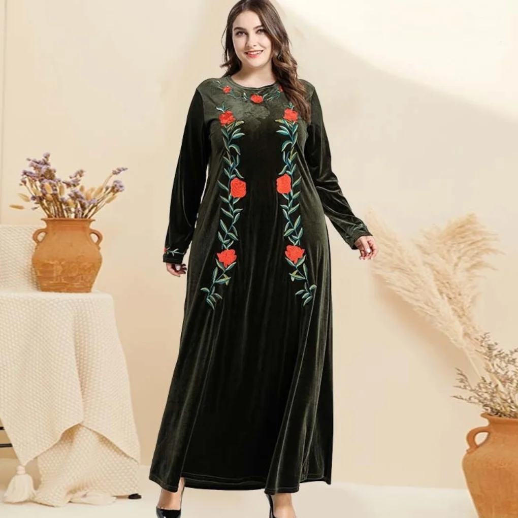 Женское бархатное платье с длинным рукавом, повседневное эластичное платье большого размера с вышивкой растений в мусульманском стиле, 2021