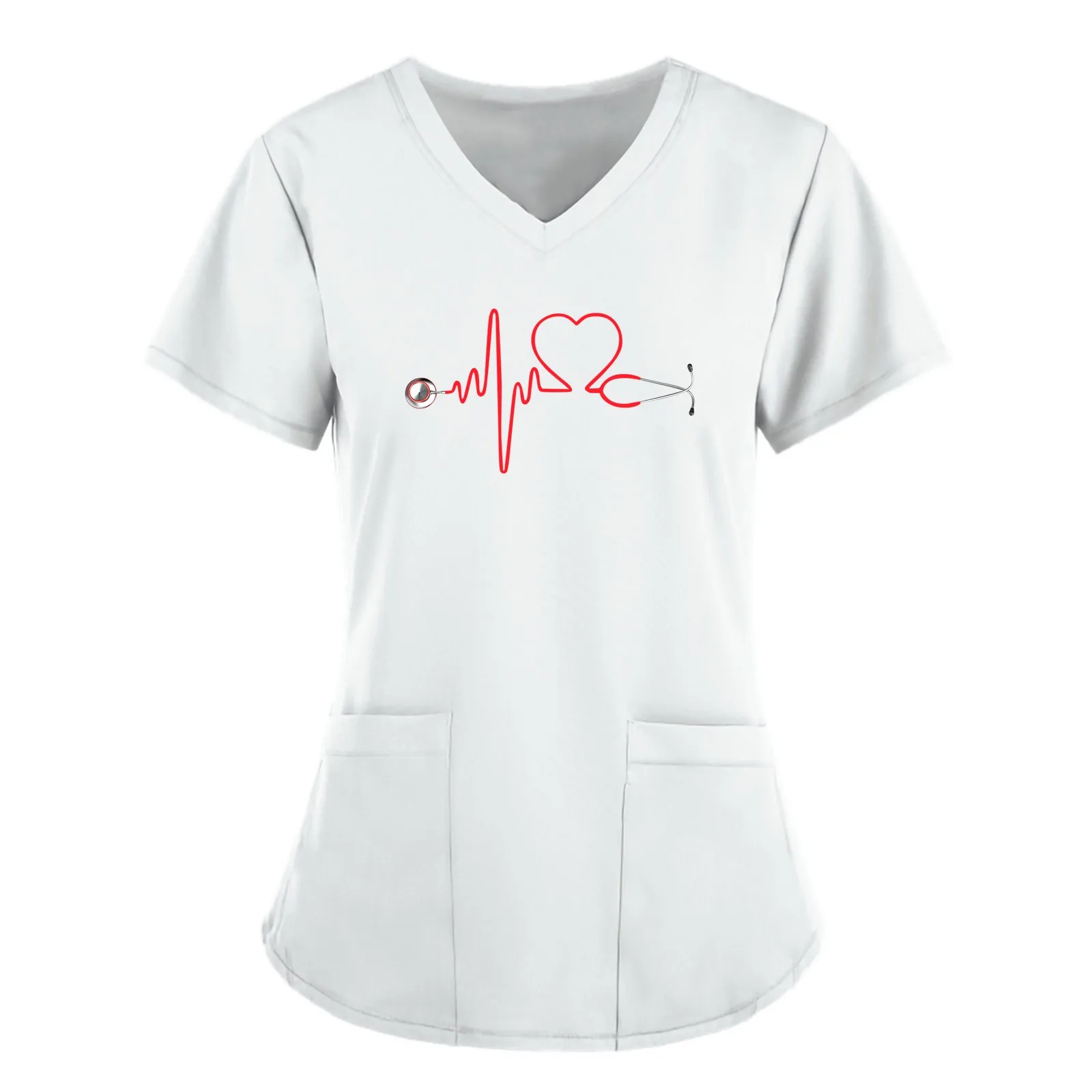 

Women Short Sleeve V-neck Tops Nursing Working Uniform T-shirts Uniforme de enfermera Simple Love Patter