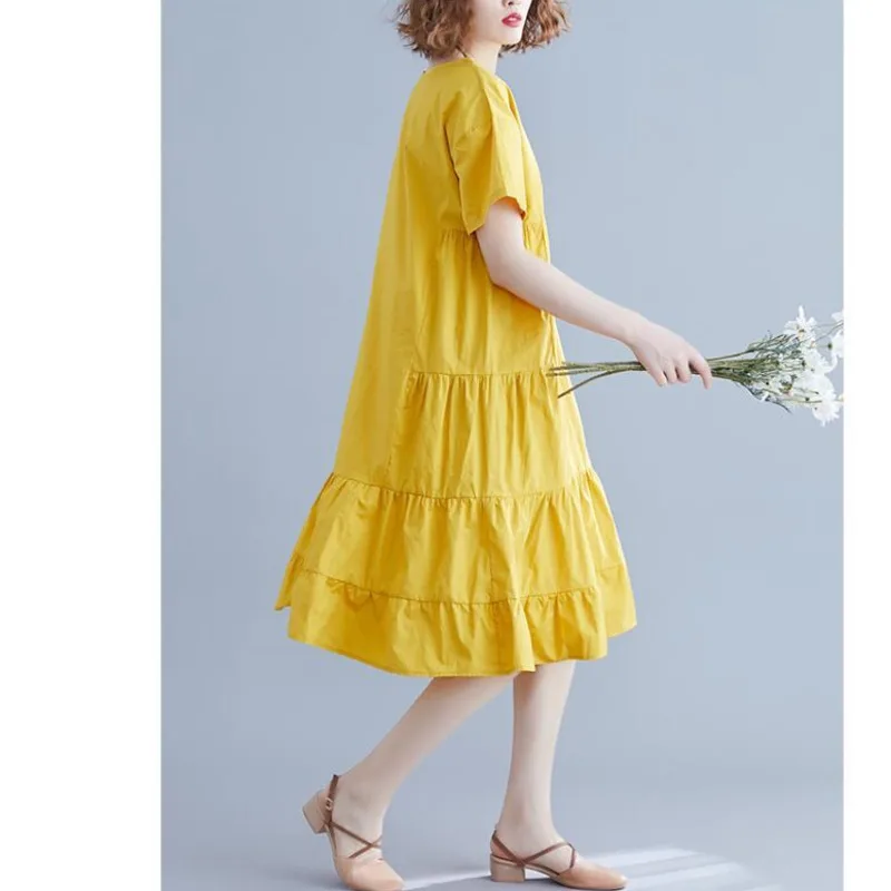 Женское Хлопковое платье-трапеция свободного покроя с короткими рукавами