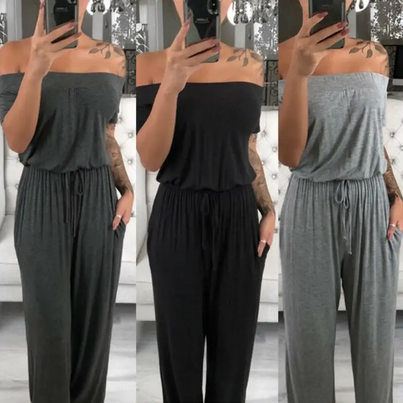 Комбинезон женский с открытыми плечами модный однотонный хлопковый