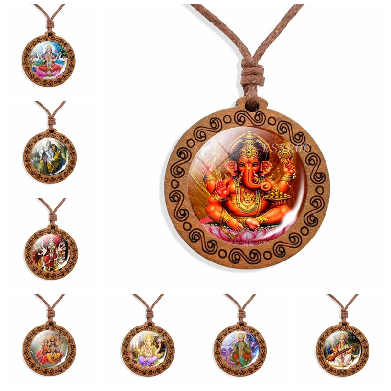 Деревянное ожерелье Ganesha индуийский амулет Ганеша Шива Вишну фото-печать