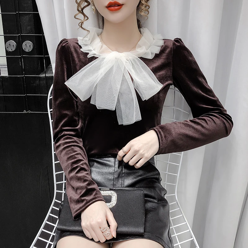 Весна 2021 элегантные женские топы с оборками Женская сетчатая Вельветовая блузка