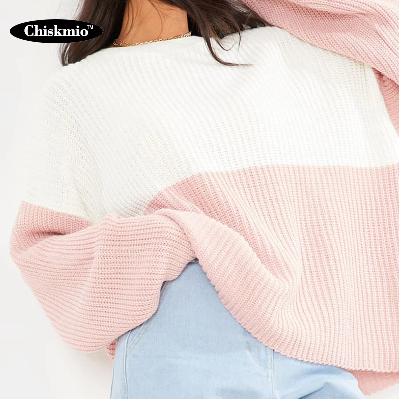 

Chiskmio O-neck Sweater Women Pullovers Loose Patchwork Long-sleeved Knitted Tops Ladies Plus Size Casual Knitting Sweaters
