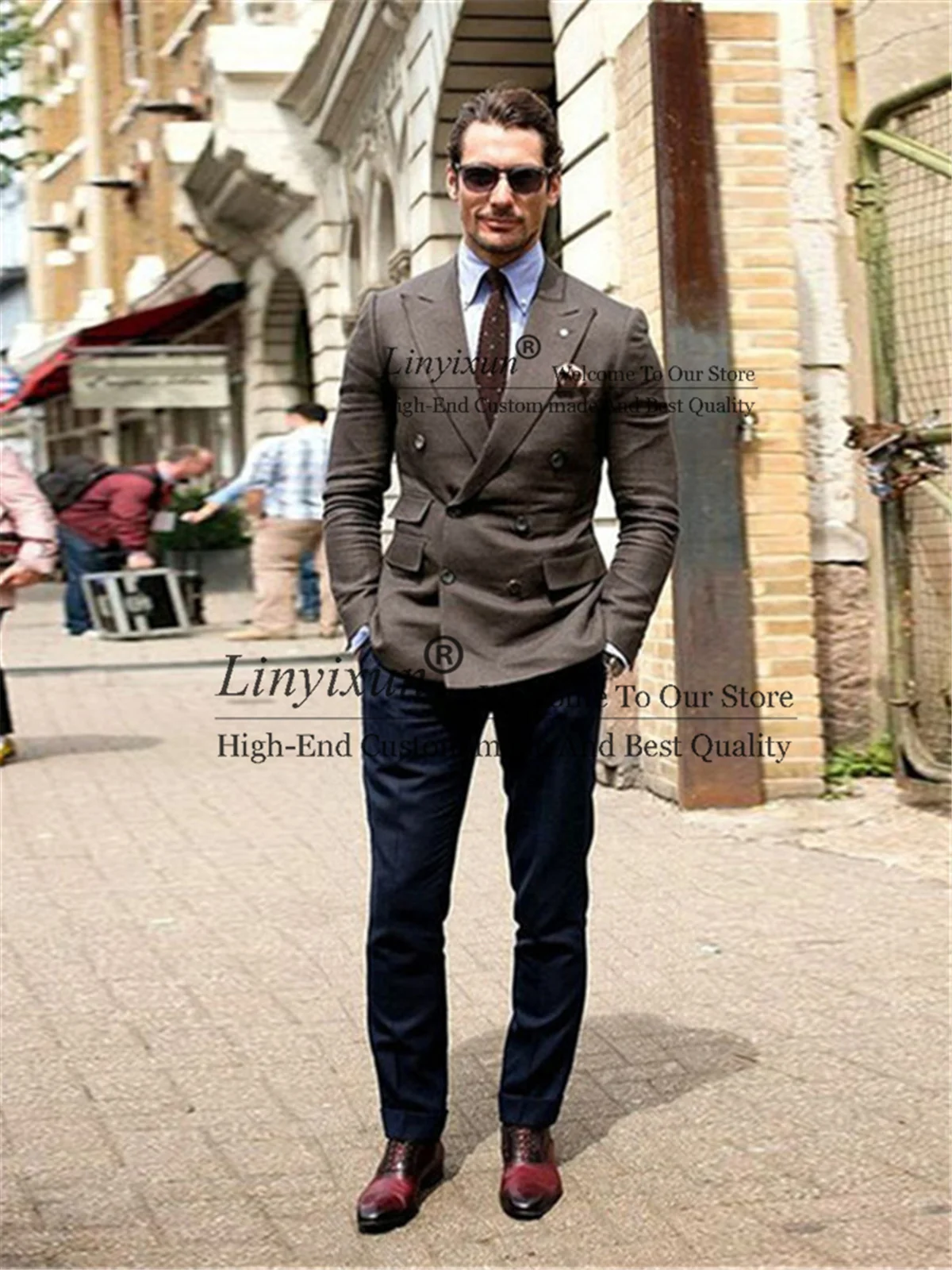 

New Latest Coat Pant Designs Brown Men Suit for Business Formal Tweed Custom Blazer Double Breasted Peaked Lapel Tuxedo 2 Piece