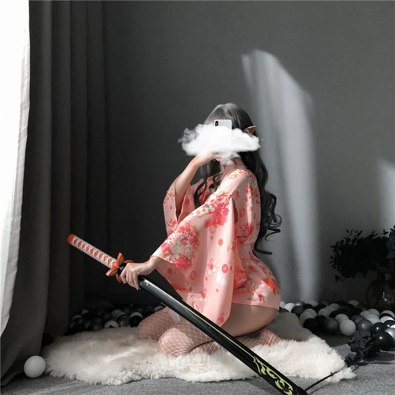 

Japanese Kimono Sexy Cosplay Outfit for Women Traditional Style Robe Yukata Costumes Pajamas Soft Silk Belt 2pcs Set Pink Set